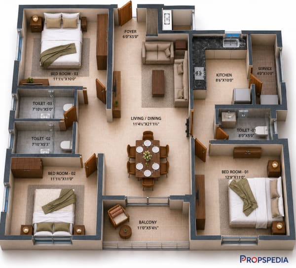 3 BHK Apartment floor plan — RWD Waterfront