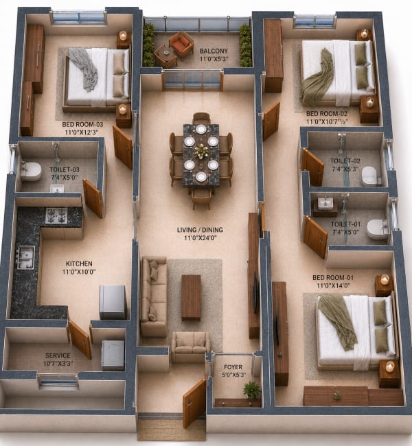 3 BHK Apartment floor plan — RWD Waterfront