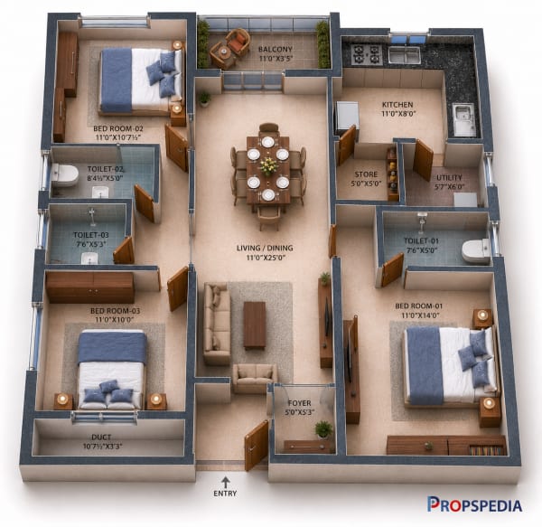 3 BHK Apartment floor plan — RWD Waterfront