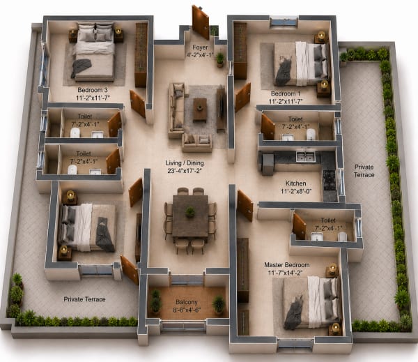 3 BHK Apartment floor plan — Newry Altura