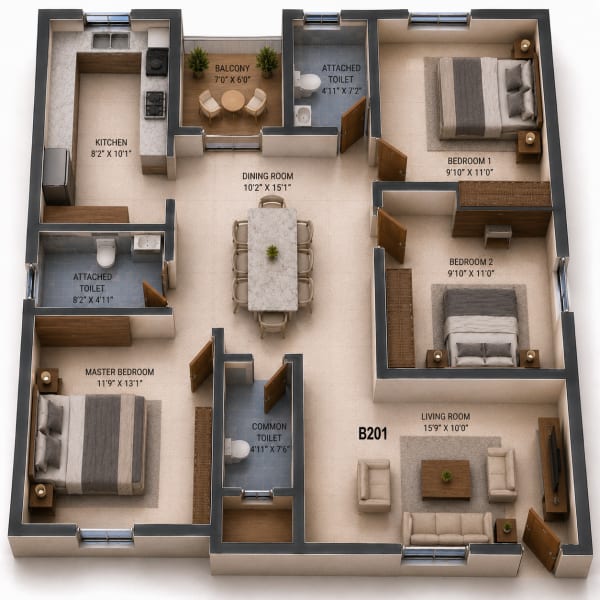 3 BHK Apartment floor plan — NCC Urban Ivy Tower