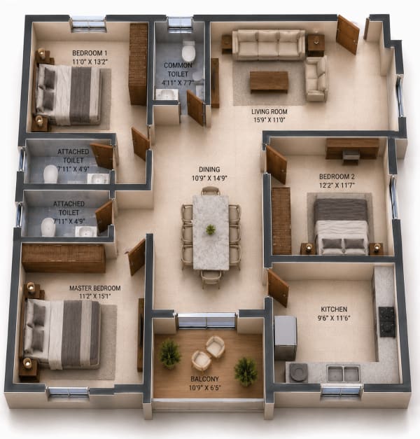 3 BHK Apartment floor plan — NCC Urban Ivy Tower