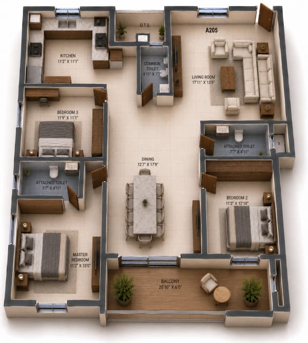 3 BHK Apartment floor plan — NCC Urban Ivy Tower