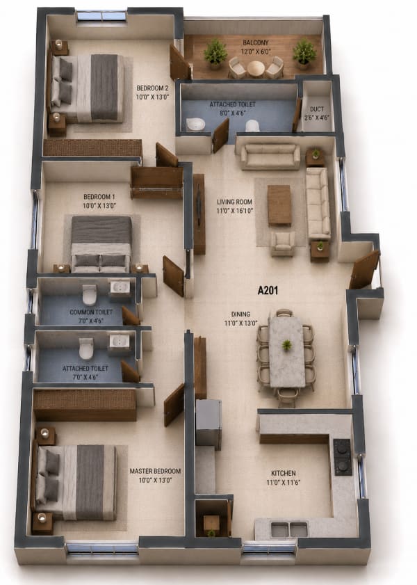 3 BHK Apartment floor plan — NCC Urban Ivy Tower