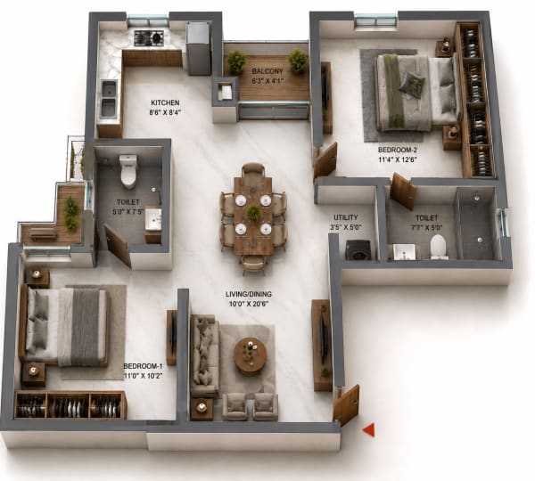 2 BHK Apartment floor plan
