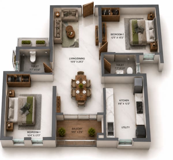 2 BHK Apartment floor plan