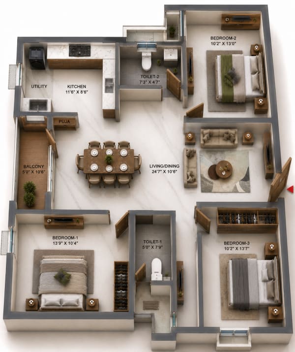 3 BHK Apartment floor plan — TVS Emerald Verde Vista