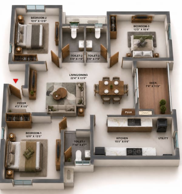 3 BHK Apartment floor plan — TVS Emerald Verde Vista
