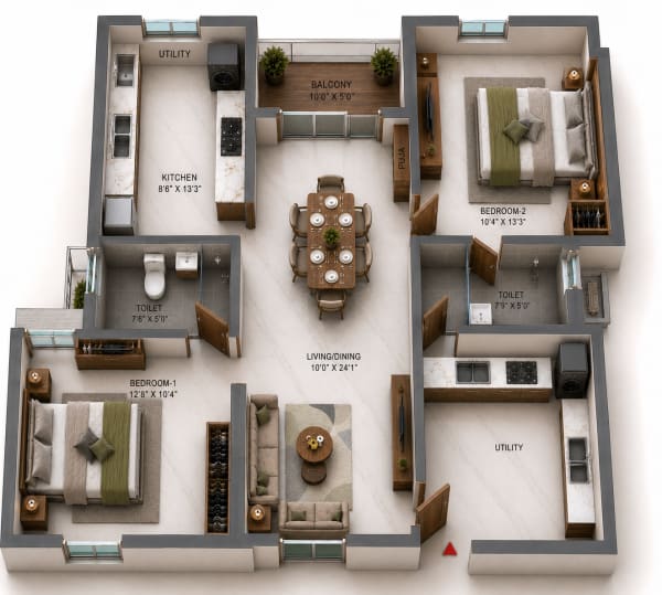 3 BHK Apartment floor plan — TVS Emerald Verde Vista