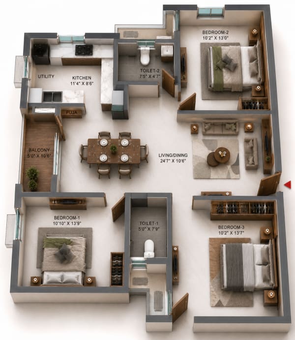 3 BHK Apartment floor plan — TVS Emerald Verde Vista