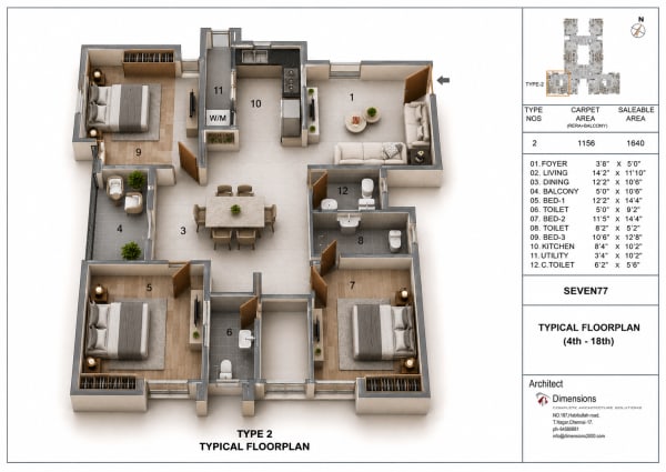 3 BHK Apartment floor plan — Jains Seven 77