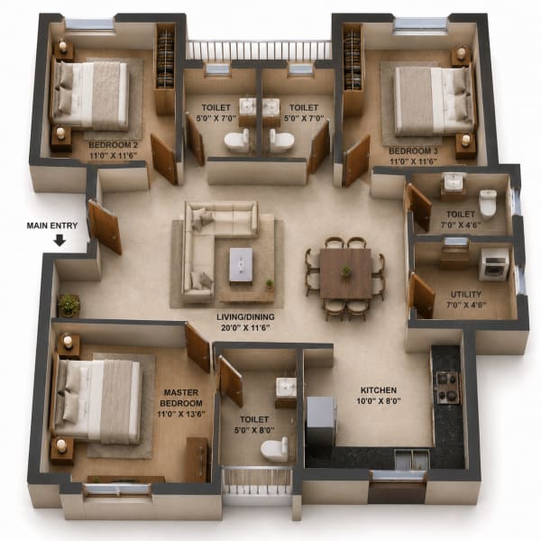3 BHK Apartment floor plan — Tulive Flora