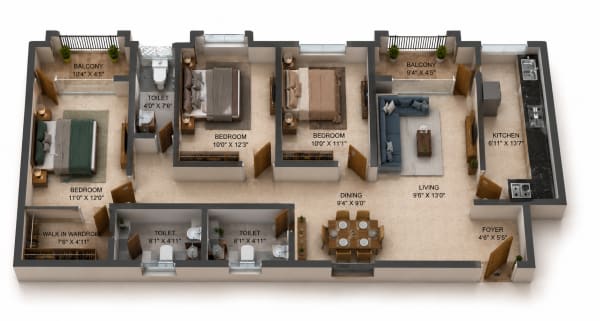 3 BHK Apartment floor plan