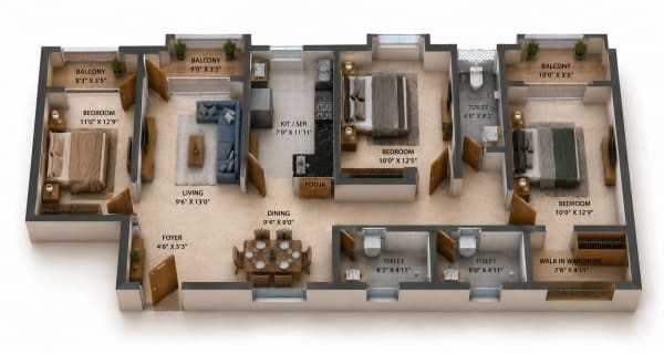 3 BHK Apartment floor plan