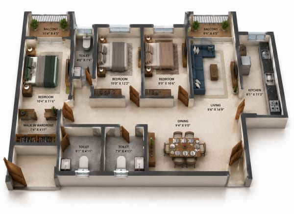 3 BHK Apartment floor plan