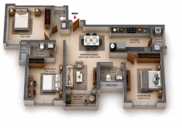 3 BHK Apartment floor plan — RLD Altima