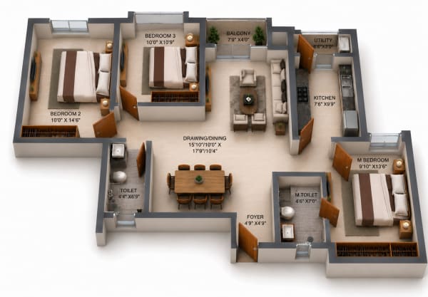3 BHK Apartment floor plan — RLD Altima