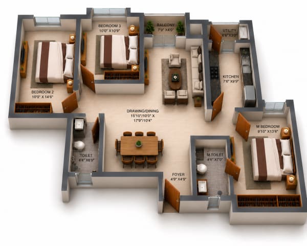 3 BHK Apartment floor plan — RLD Altima