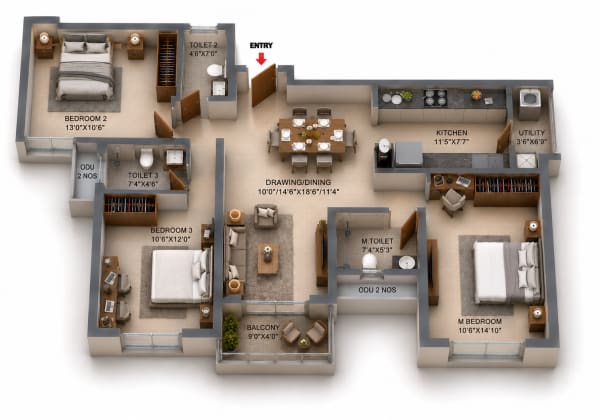 3 BHK Apartment floor plan — RLD Altima