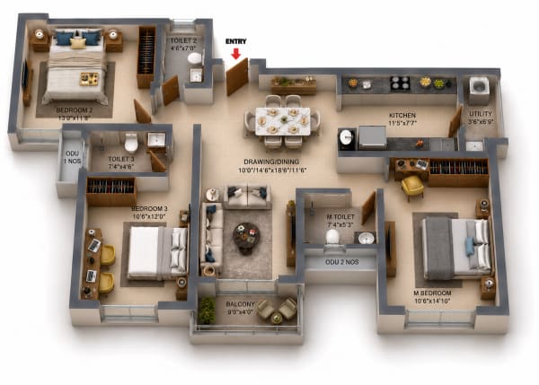 3 BHK Apartment floor plan — RLD Altima
