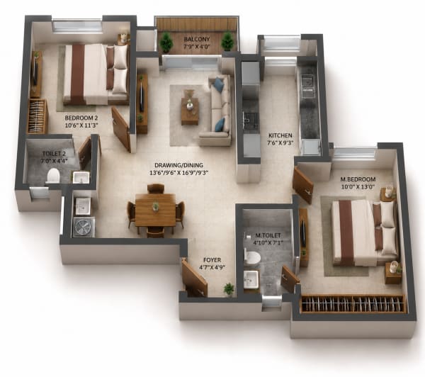 2 BHK Apartment floor plan