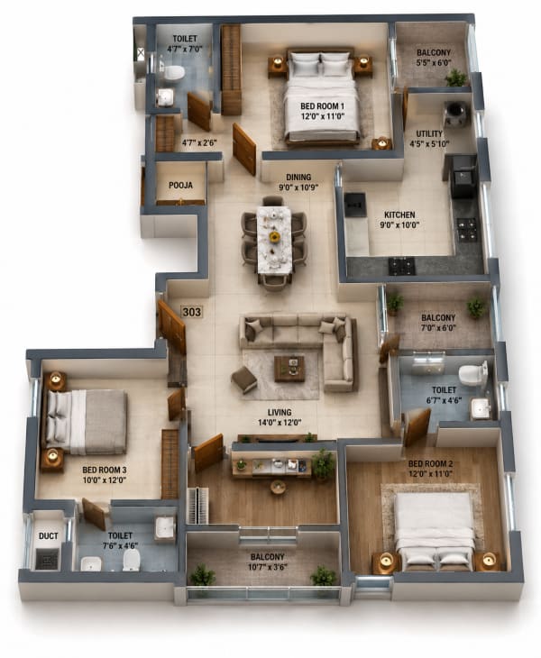 3 BHK Apartment floor plan