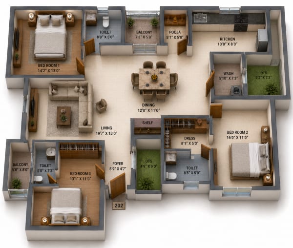 3 BHK Apartment floor plan