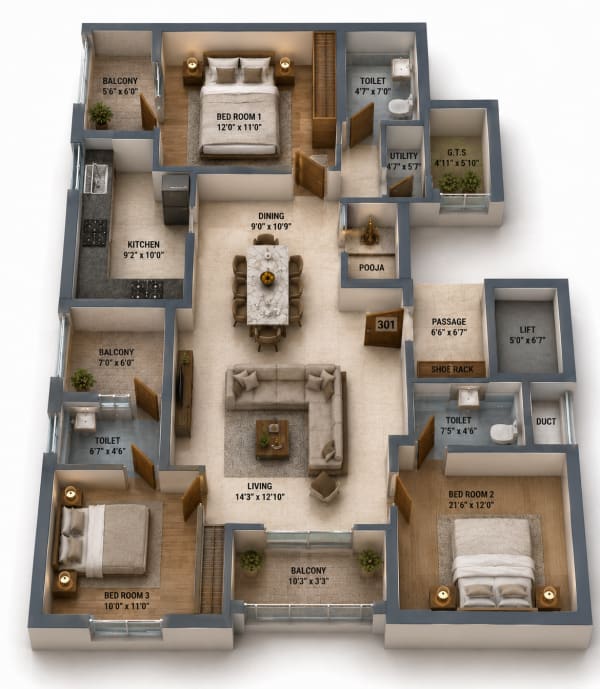 3 BHK Apartment floor plan