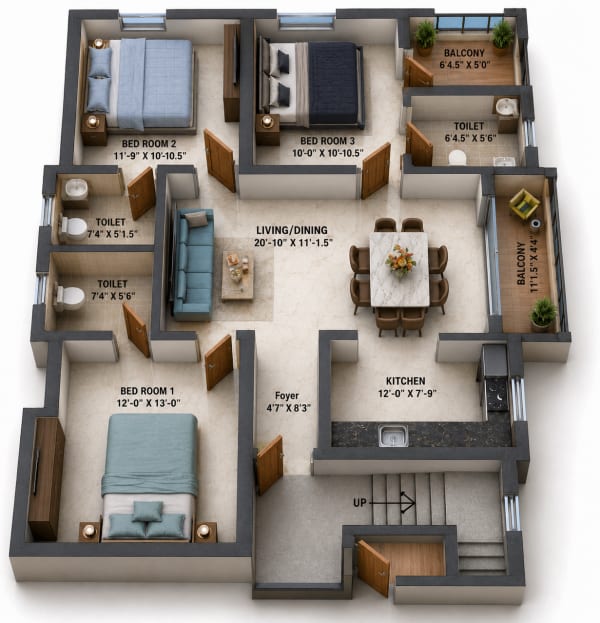 3 BHK Apartment floor plan