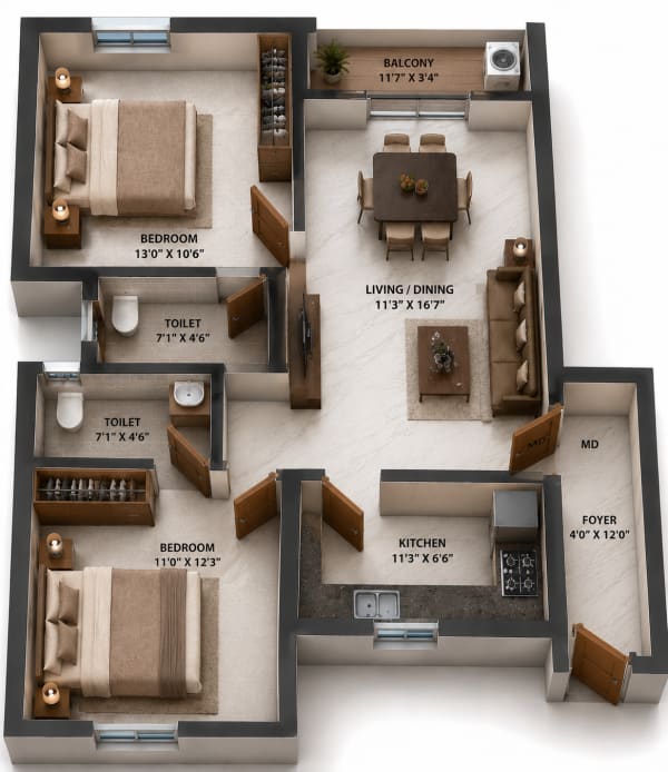 2 BHK Apartment floor plan