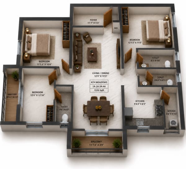 3 BHK Apartment floor plan — ATH Meadows