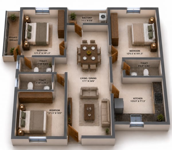 3 BHK Apartment floor plan
