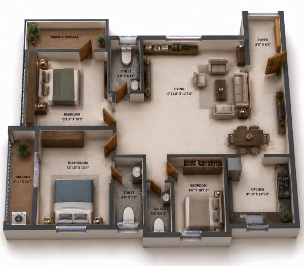 3 BHK Apartment floor plan
