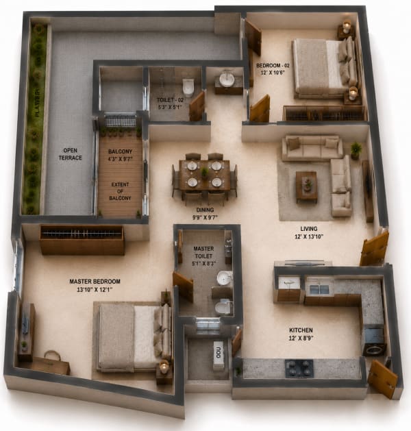 2 BHK Apartment floor plan