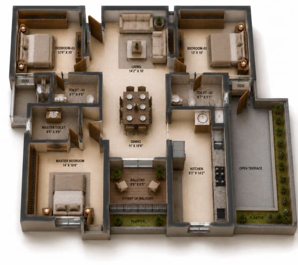 3 BHK Apartment floor plan — Sidharth Bliss
