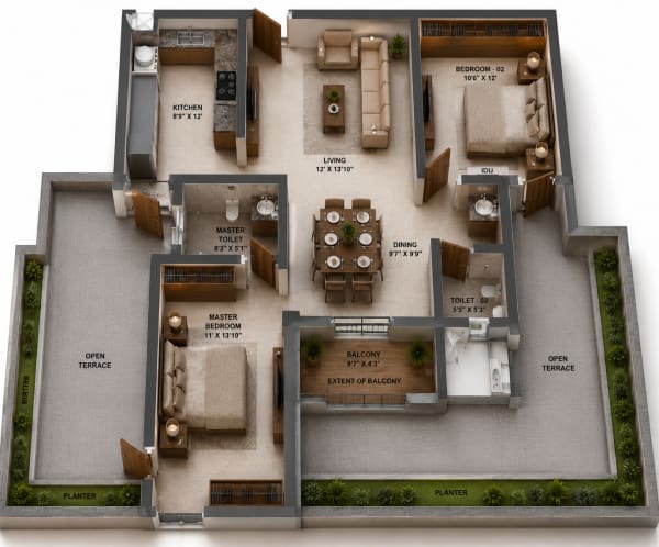2 BHK Apartment floor plan