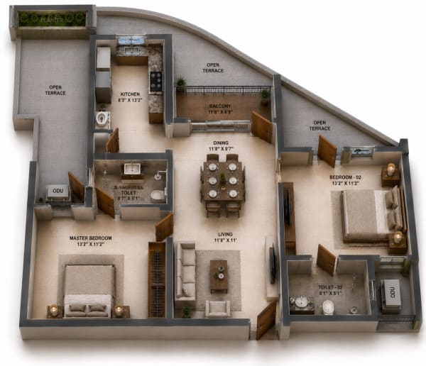 2 BHK Apartment floor plan