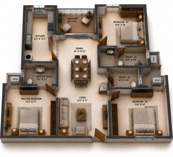 3 BHK Apartment floor plan — Sidharth Bliss