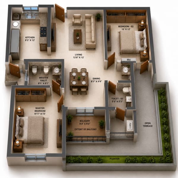 2 BHK Apartment floor plan