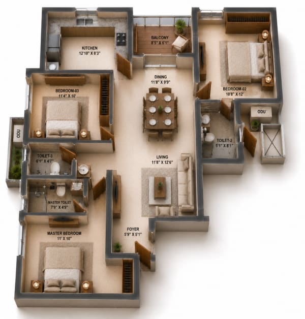 3 BHK Apartment floor plan — Sidharth Bliss