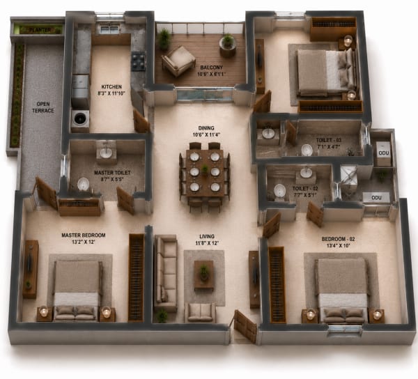 3 BHK Apartment floor plan — Sidharth Bliss