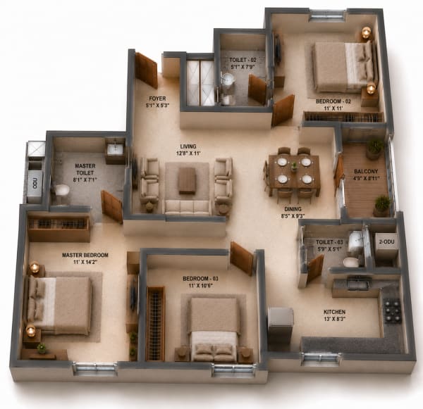 3 BHK Apartment floor plan — Sidharth Bliss