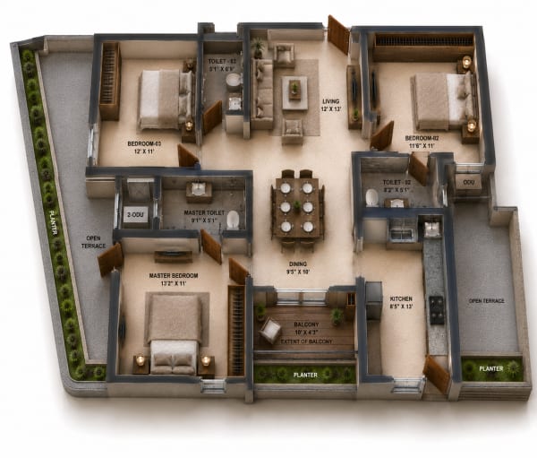 3 BHK Apartment floor plan — Sidharth Bliss
