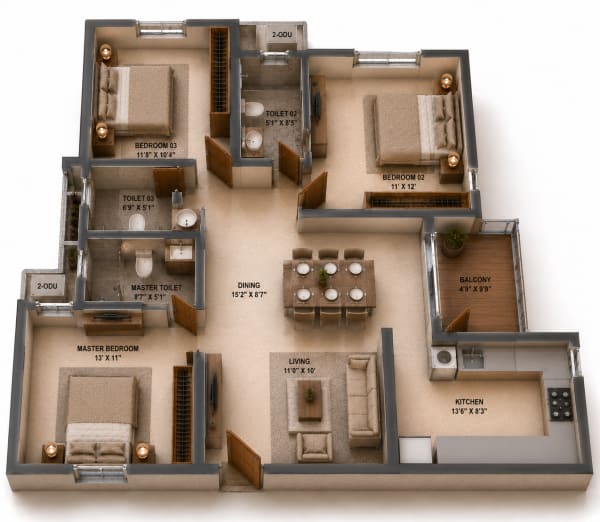 3 BHK Apartment floor plan — Sidharth Bliss