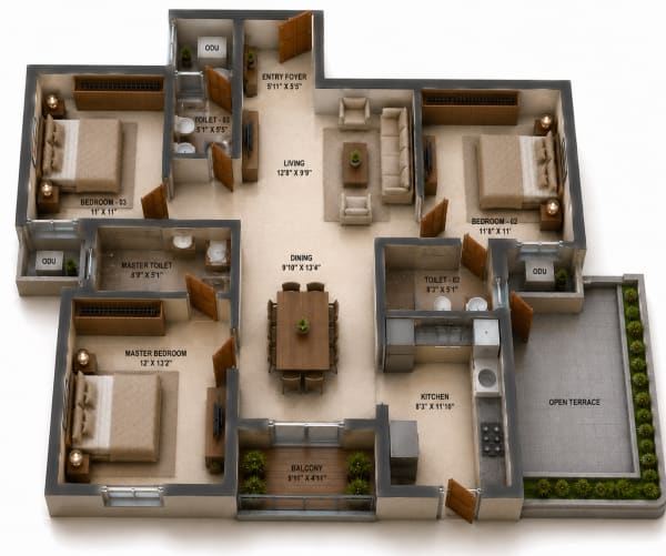 3 BHK Apartment floor plan — Sidharth Bliss