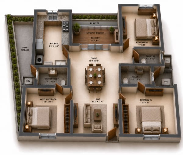 3 BHK Apartment floor plan — Sidharth Bliss