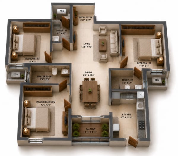 3 BHK Apartment floor plan — Sidharth Bliss
