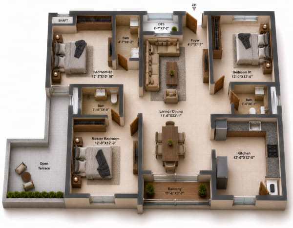 3 BHK Apartment floor plan — Silversky The One