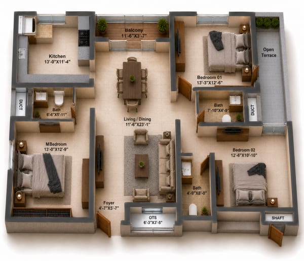 3 BHK Apartment floor plan — Silversky The One