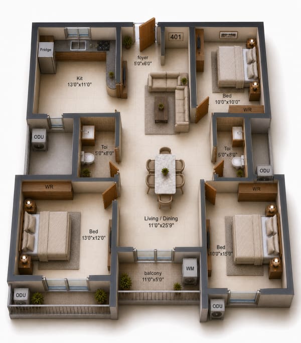 3BHK Apartment floor plan